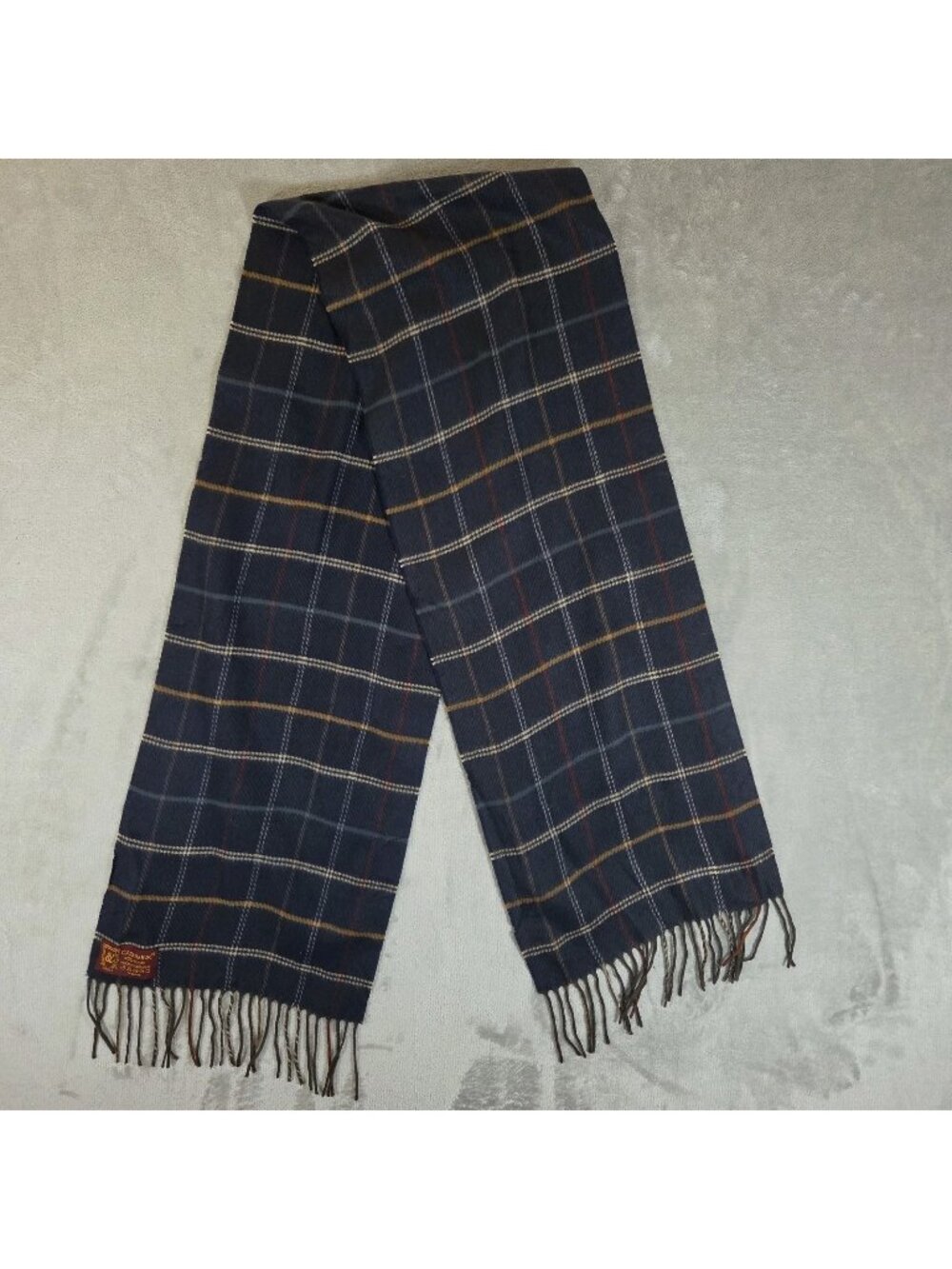 Cashmink V. Fraas 11.5x 72 Dark Blue Plaid Fringed Scarf